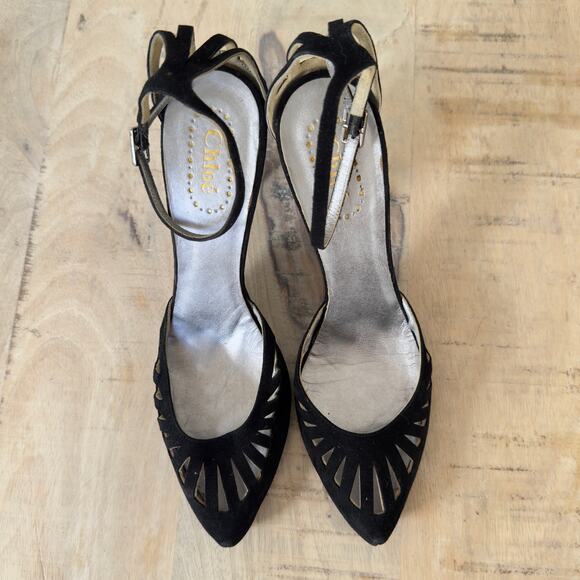 Chloé Vintage Black Suede Heels Cutout Design Strappy Size 38.5 - Picture 3 of 4